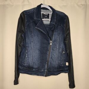 Silver Jeans Co Denim Moto Jacket Faux Leather Sleeves Womens‎ Large
